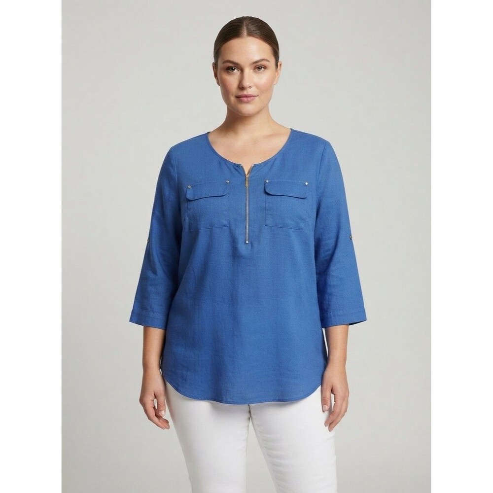 Ellen Tracy 1X Top Blue 100% Linen 1/4 Zip Pocket Shirt Blouse Plus Size EUC